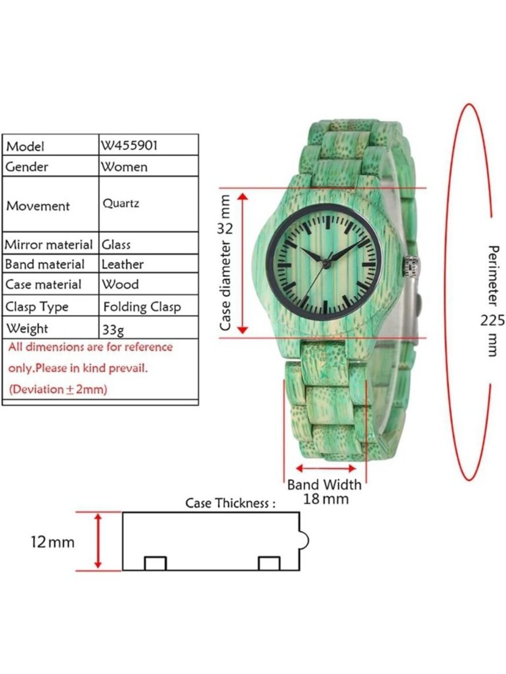 Women's Green Analog Quartz Couples Colorful Bamboo Classic Design Wooden Watch - Picture 4 of 6